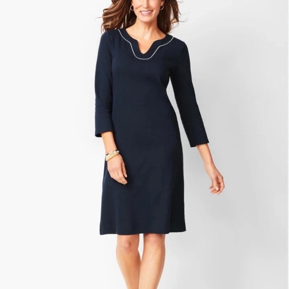 Talbots Navy Blue‎ XL Cotton Knit Trimmed Neck Shift Dress 3/4 Sleeve Old Money